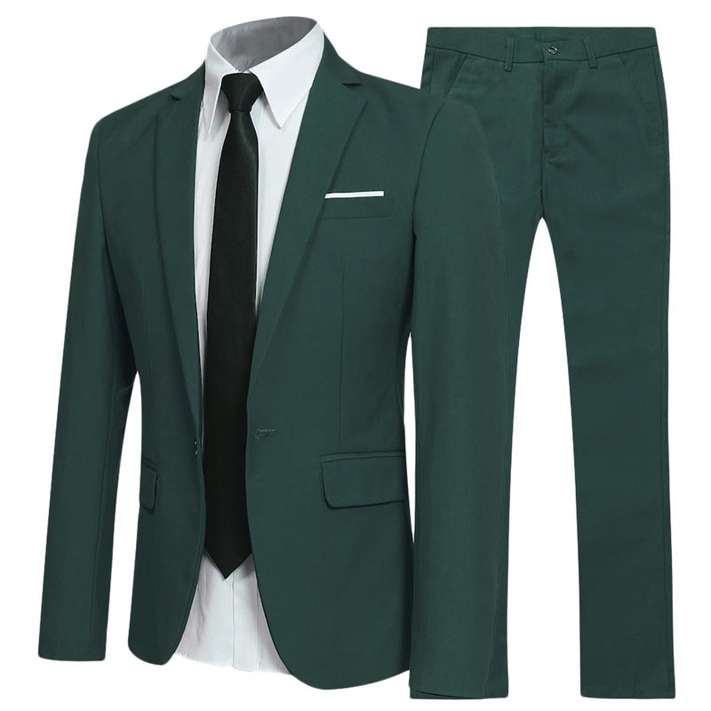 YFFUSHI Men's Slim Fit 2 Piece Suit Solid One Button Casual Formal Wedding Blazer Jacket Pants Set Green - Image 1